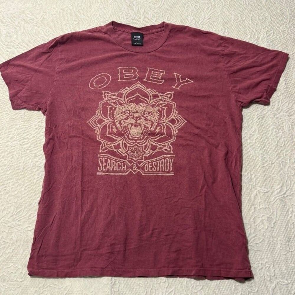 Obey Men's Short Sleeve Tee in Burgundy with Cream Graphic